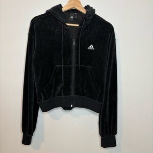 Adidas Women's Black Velour Cropped Full-Zip Hoodie Y2K Athleisure Jacket